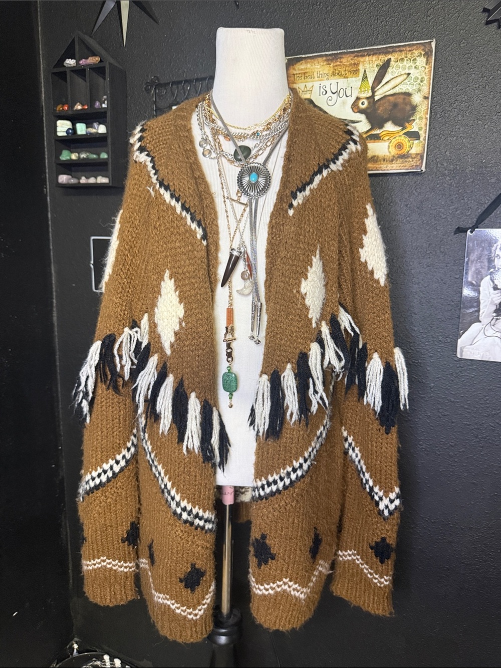 Buckle Brown Fringe Open-Front Knit Cardigan with Cream & Black Accents